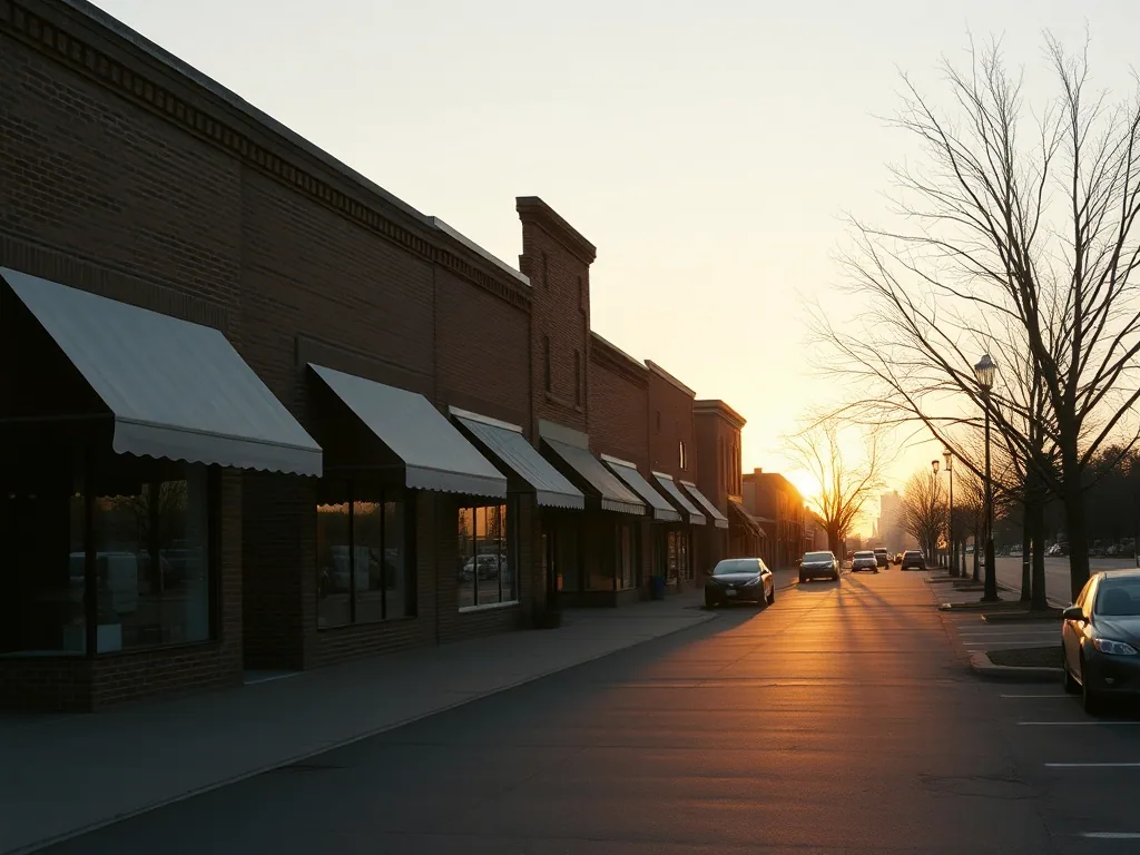 A row of brick storefronts with plain canvas awnings on an empty small town main street at sunrise, long shadows across the road.
