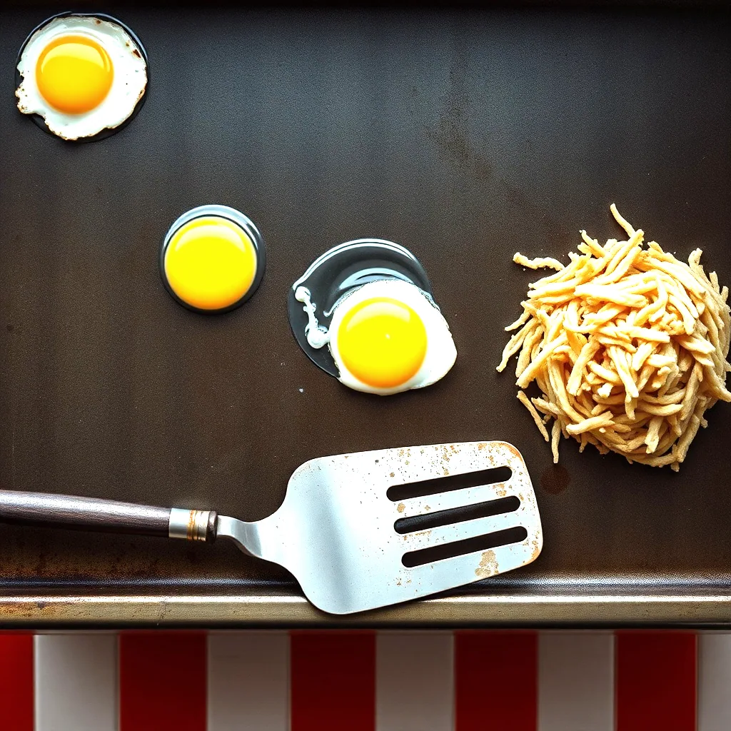 Overhead view of a seasoned flat top griddle with eggs frying and a mound of hash browns, a worn metal spatula lying on the steel.
