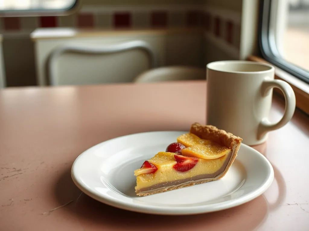 A slice of fruit pie on a white plate on a pink laminate diner table, a heavy cream coloured mug beside it, window light.