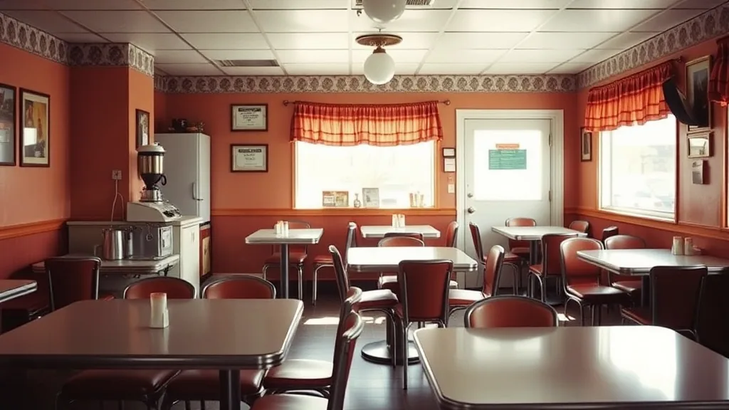 The dining room of a small diner, laminate tables and red vinyl chairs, a coffee urn on the back counter, daylight through a curtained window.